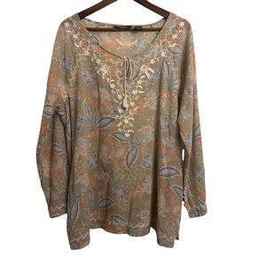 Eddie Bauer Blouse Hippie Peasant Women’s XXL Floral Embroidery Cottagecore